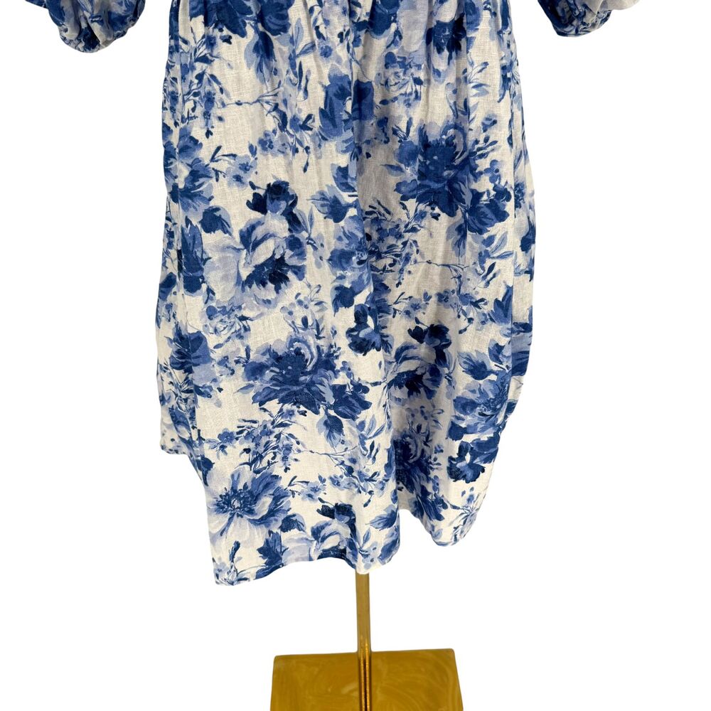 Abercrombie Emerson Mini Dress LP Petite Blue Floral Puff Sleeve Linen Pockets - Picture 4 of 13